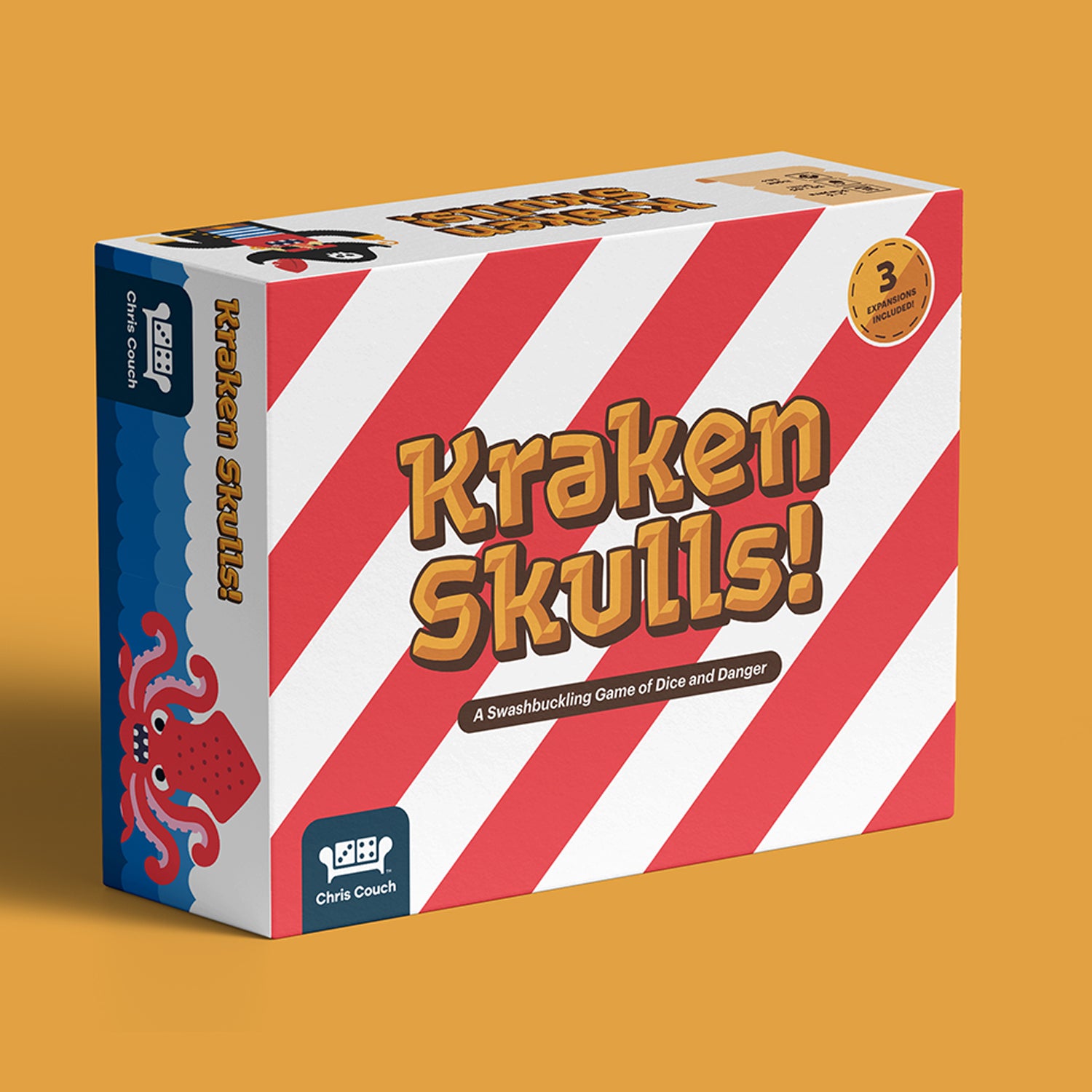 Board game box titled 'Kraken Skulls!' with red and white striped design on a yellow background