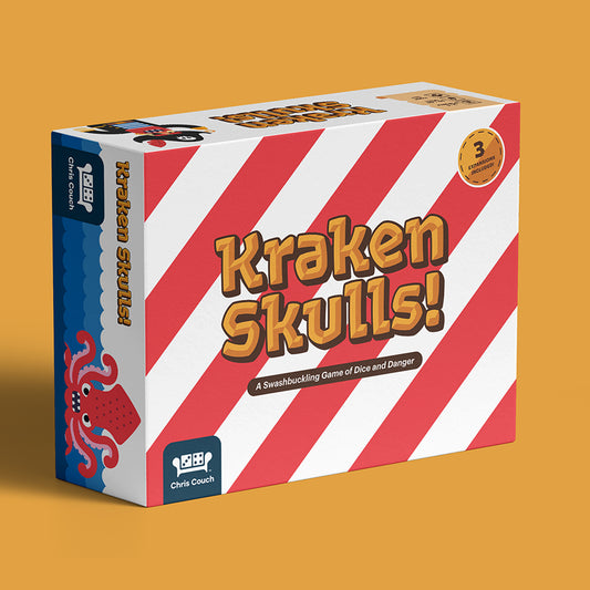 Board game box titled 'Kraken Skulls!' with red and white striped design on a yellow background